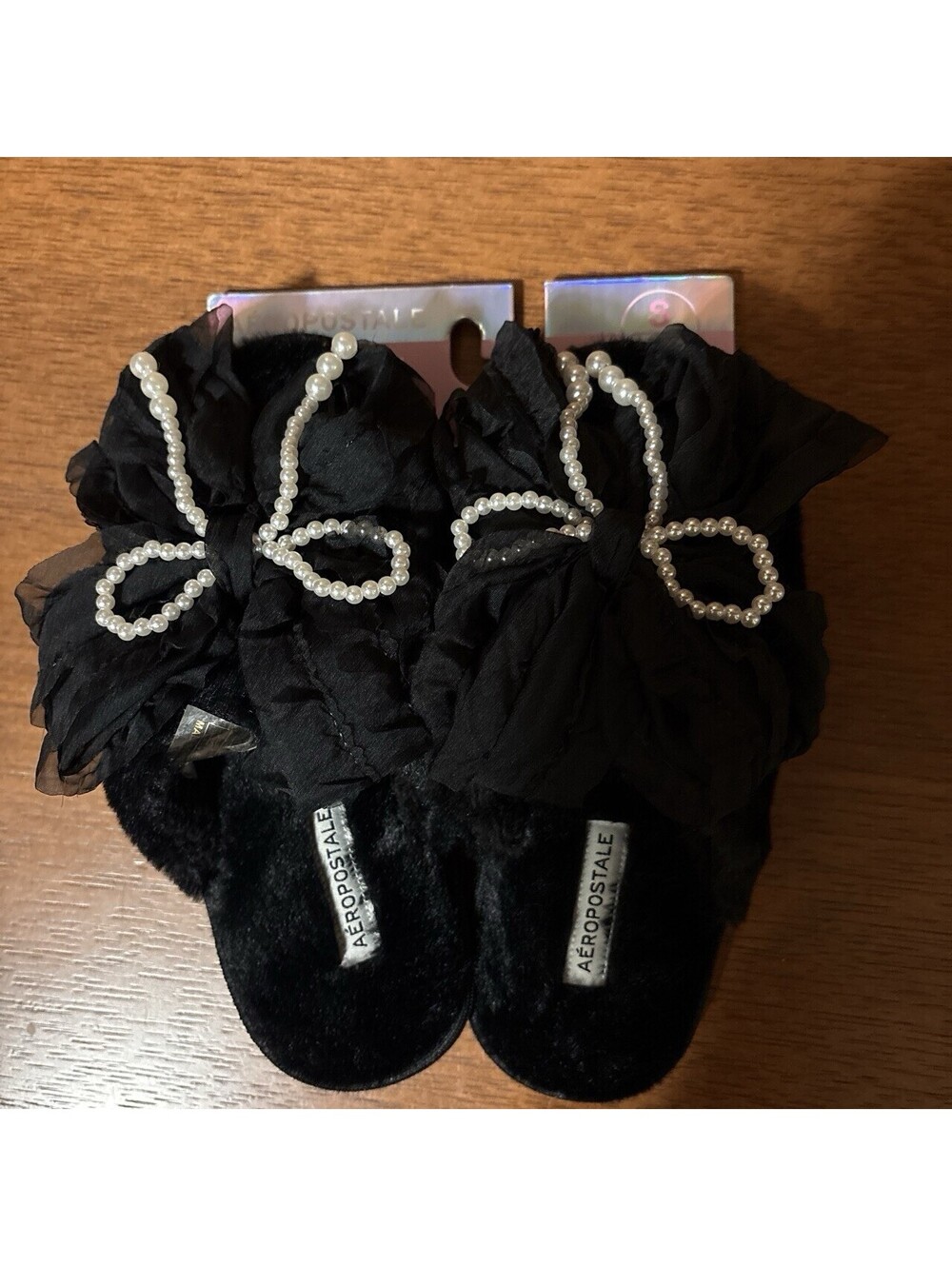 Aéropostale FANCY-S Fancy Faux Fur Lined Pearl Slip-On Slippers Black S 5/6 NWT